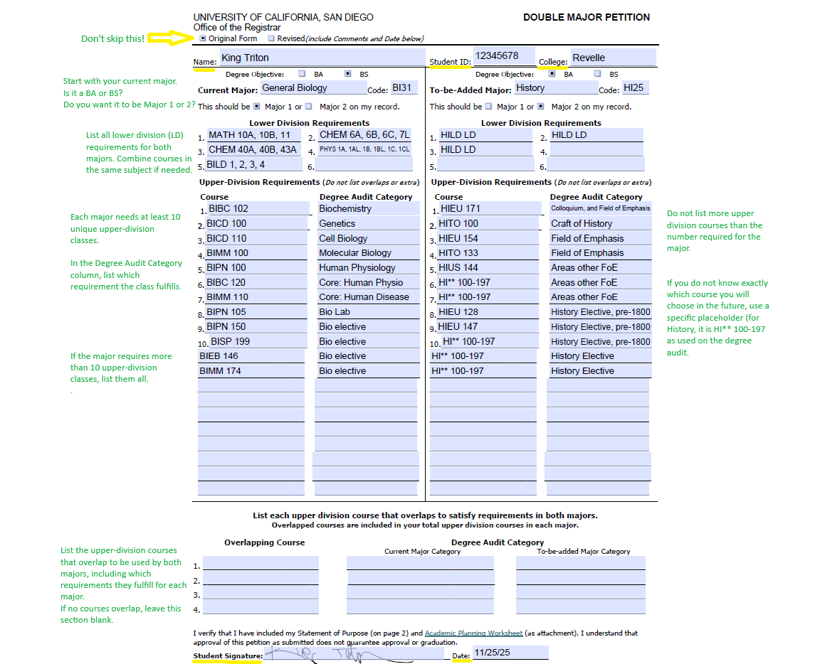 an example of a completed double major petition