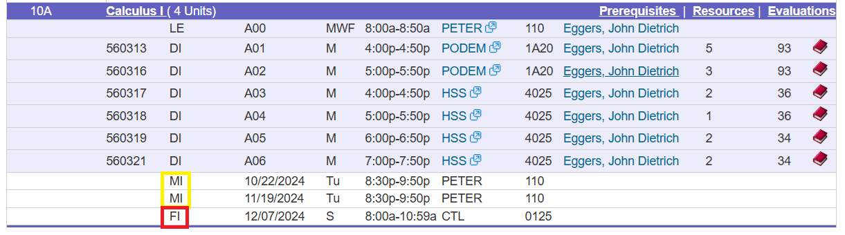 screenshot of Schedule of classes showing exams